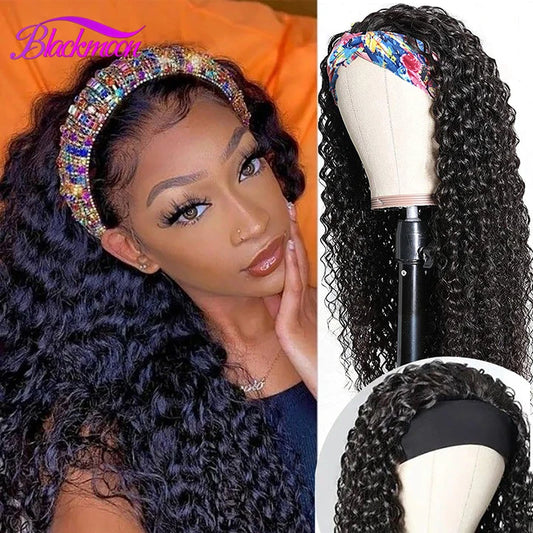 Brazilian Curly Hair Headband Wig Glueless Remy Human Hair Wigs for Black Women Full Machine Made Wig Deep Curly Hair